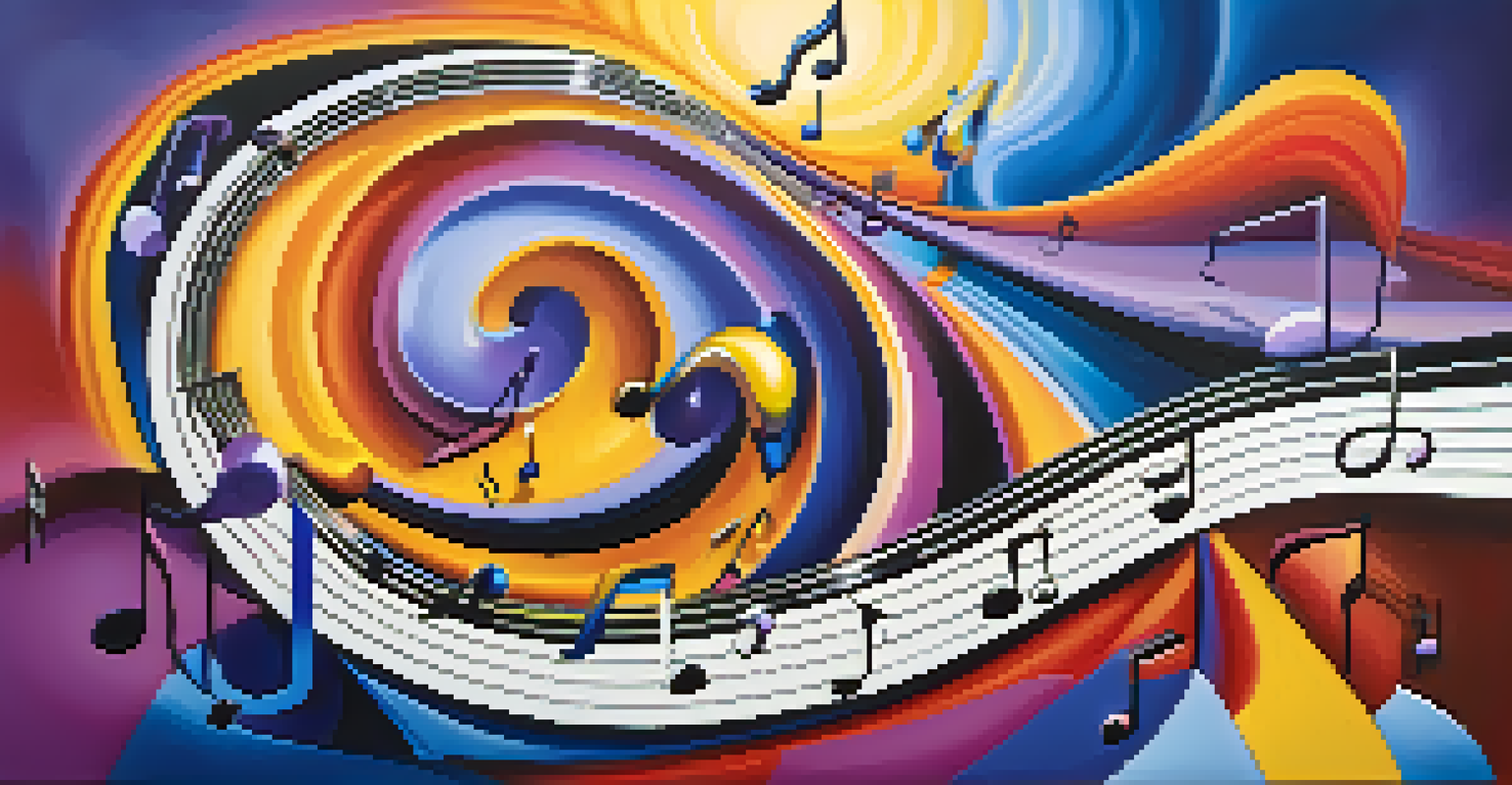Abstract art showing musical notes transforming into creative imagery like light bulbs and books in vibrant colors.
