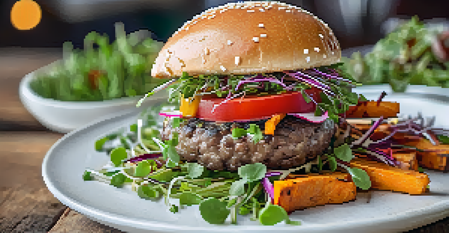 A gourmet burger topped with radish microgreens, served with sweet potato fries and a salad on a rustic wooden table.