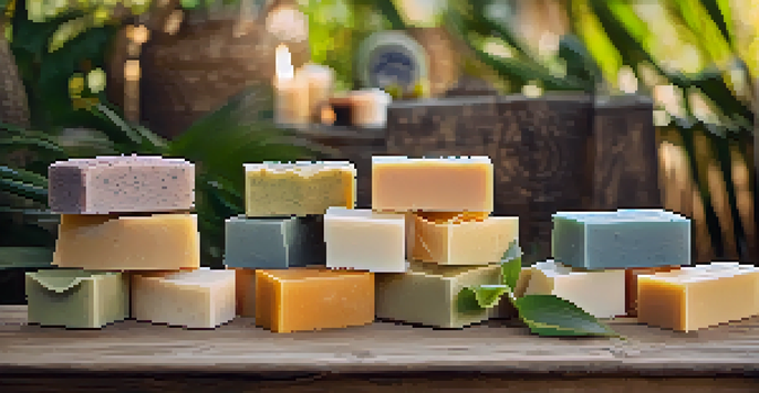 A display of colorful artisanal soaps on a rustic wooden table surrounded by natural elements.