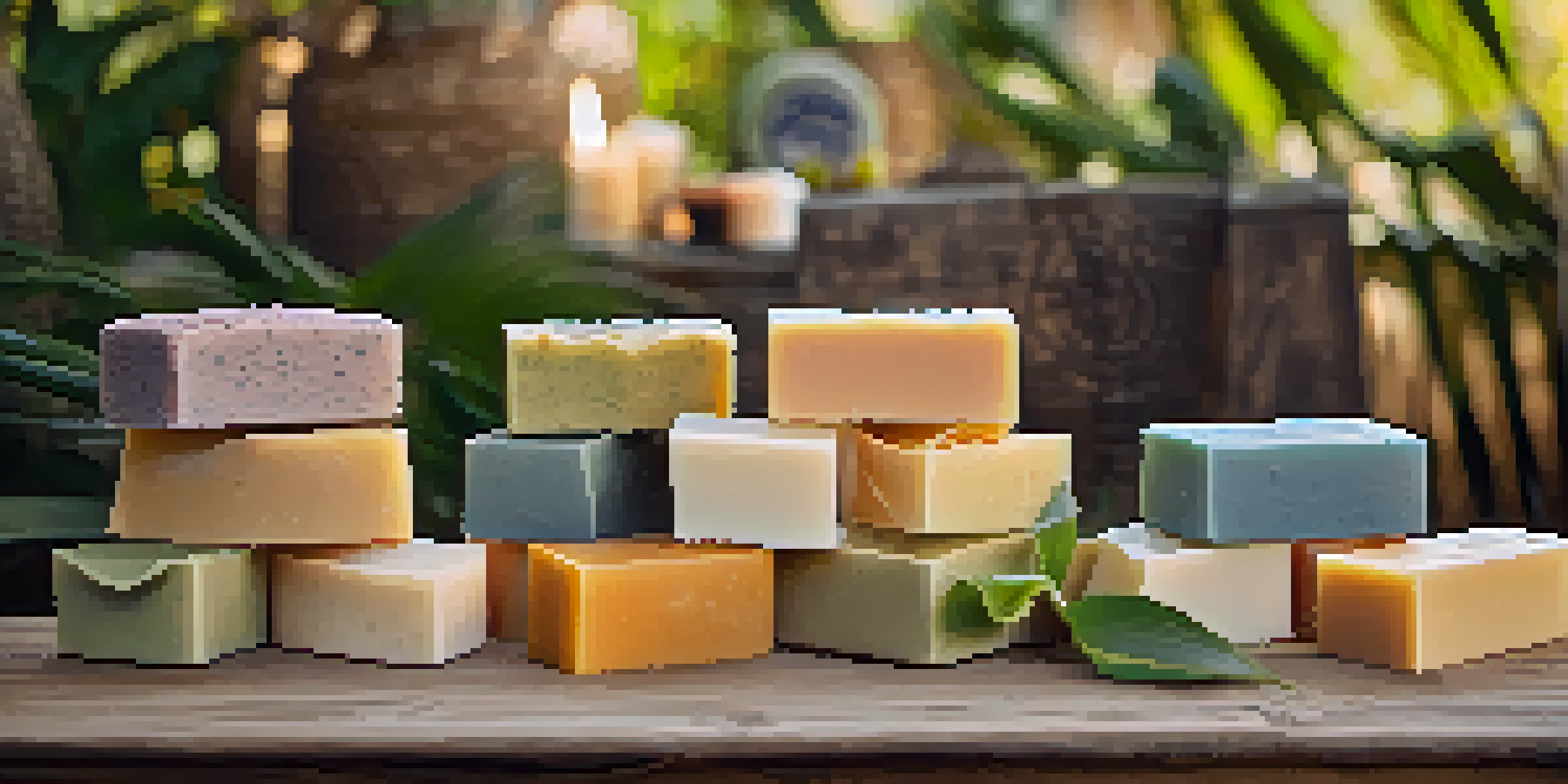A display of colorful artisanal soaps on a rustic wooden table surrounded by natural elements.