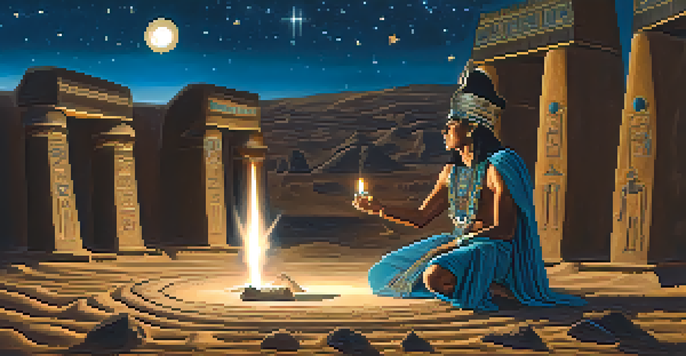 An ancient Egyptian shaman performing a ritual under the moonlight, surrounded by hieroglyphs and glowing artifacts.