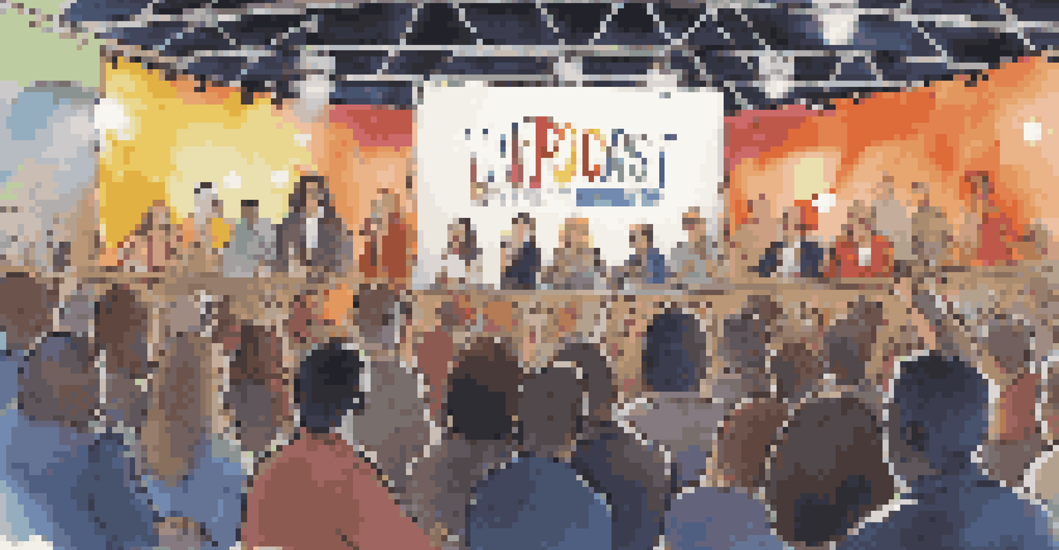 Hosts of a podcast live event engaging with an audience on stage, with bright lights and a banner in the background.