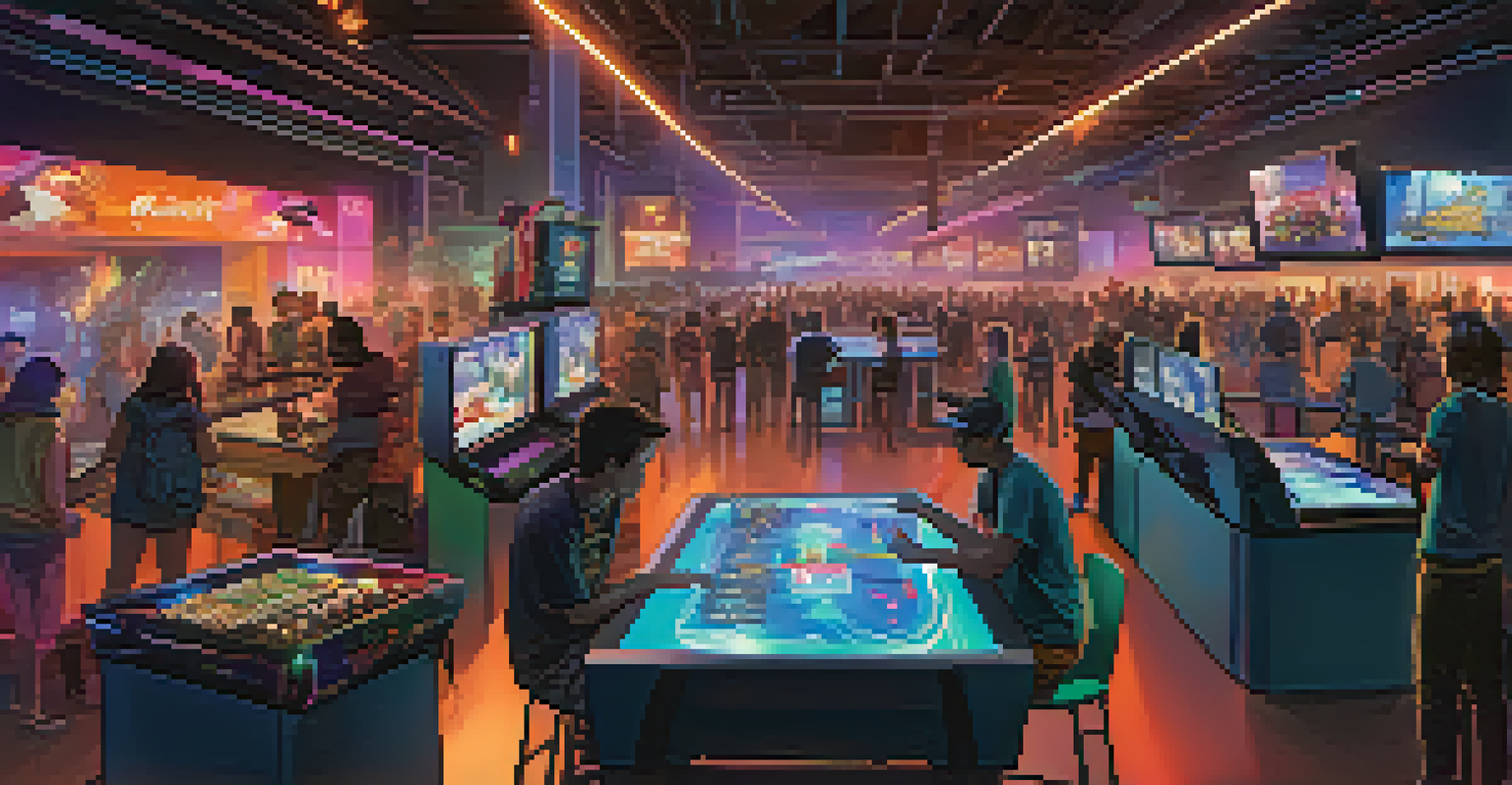 A diverse group of gamers interacting at a vibrant gaming community event with bright lights and multiple screens.