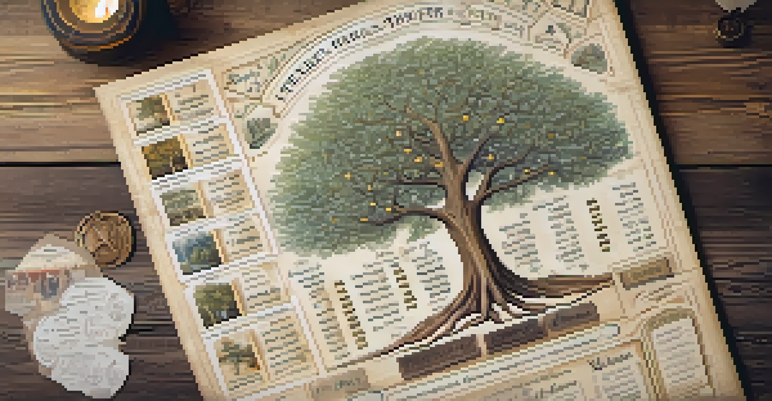 A vintage family tree chart on a wooden table, surrounded by family heirlooms and illuminated by soft light.