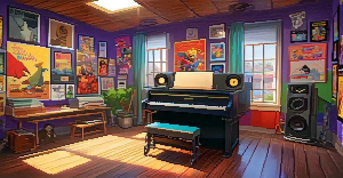 A colorful voice acting studio with posters of animated characters, a microphone, and audio equipment, illuminated by warm sunlight.