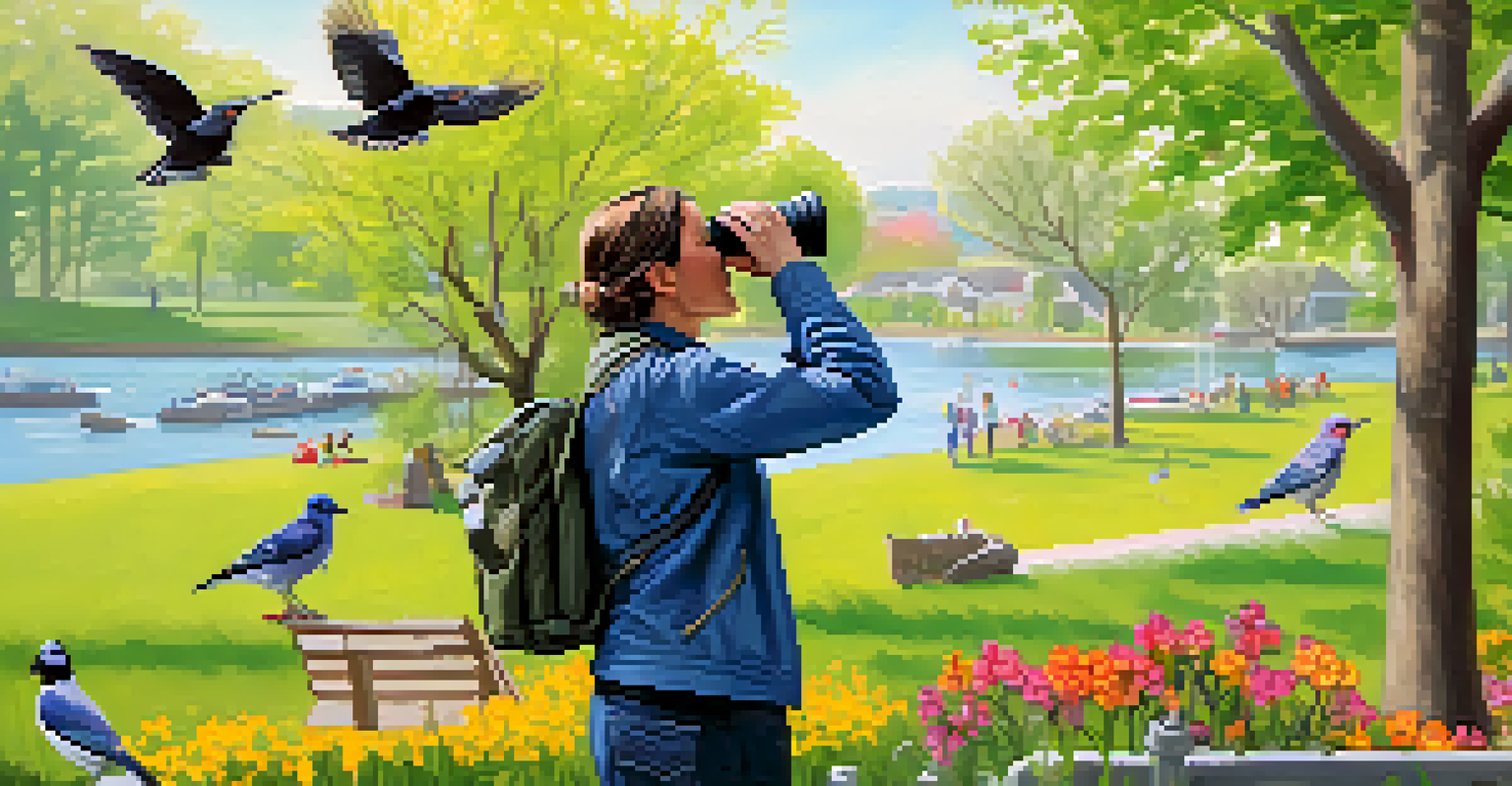 A birdwatcher with binoculars in a park during spring, surrounded by blooming flowers and birds in the trees, with a notebook and field guide beside them.