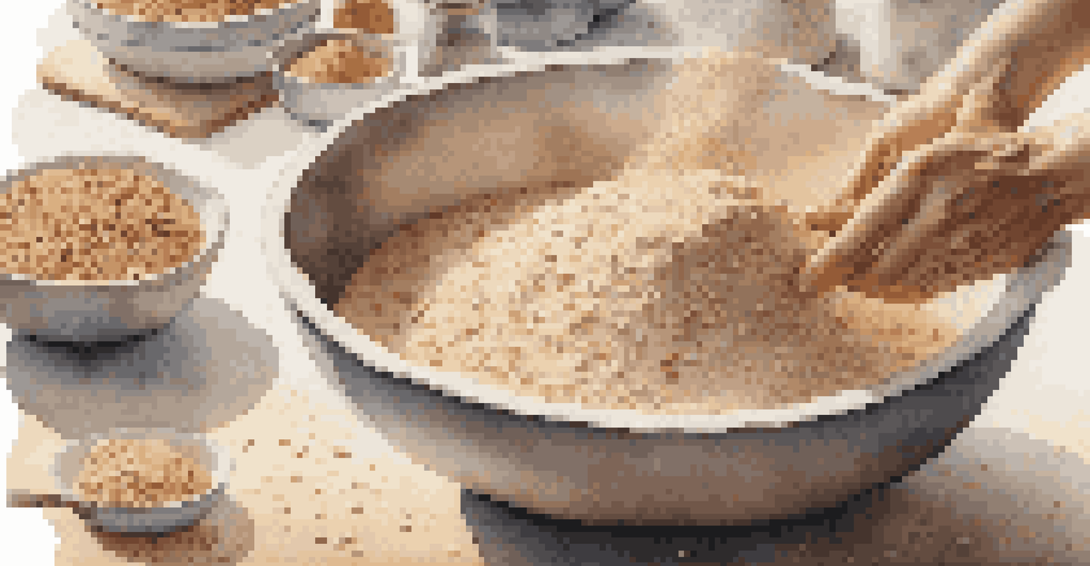 A baker's hands mixing whole grain flour and oats in a bowl, surrounded by various whole grain ingredients in a cozy kitchen.