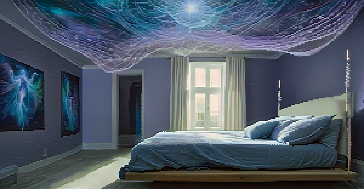 An abstract image of a person floating above their body with mystical light around them.