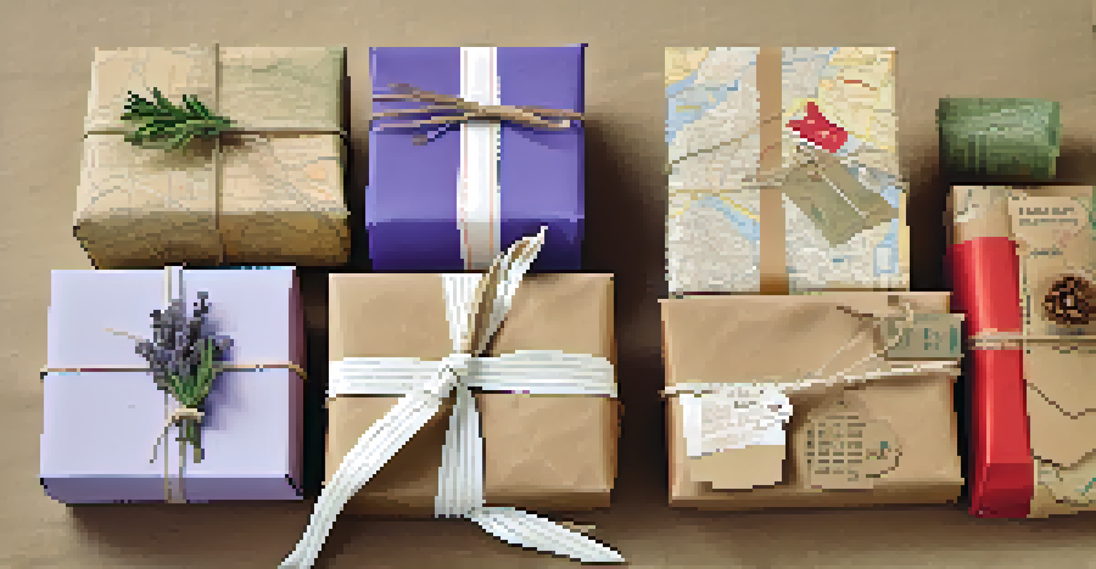 A collection of gifts wrapped in old maps and fabric scraps, decorated with handmade tags and lavender, on a colorful background.