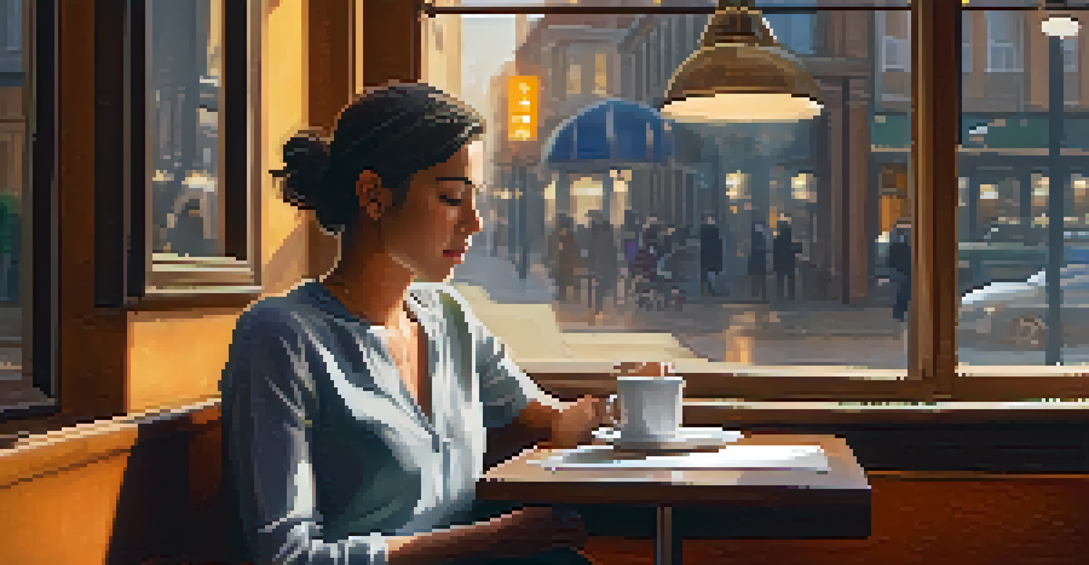 A close-up of an individual reflecting on received feedback in a cozy café setting, highlighting contemplation and personal growth.