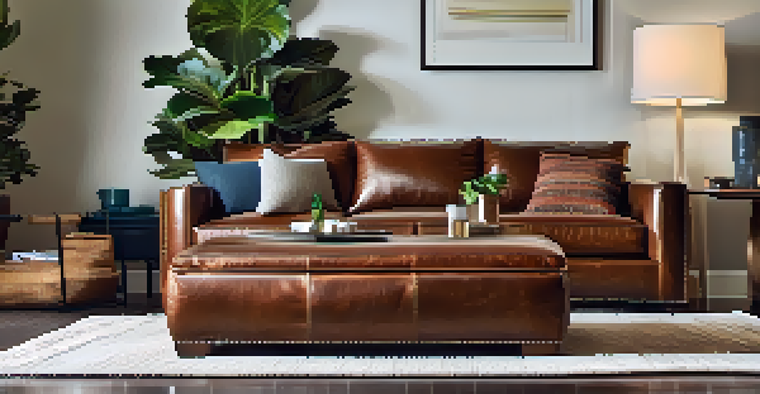 A modern living room with a reupholstered leather ottoman.
