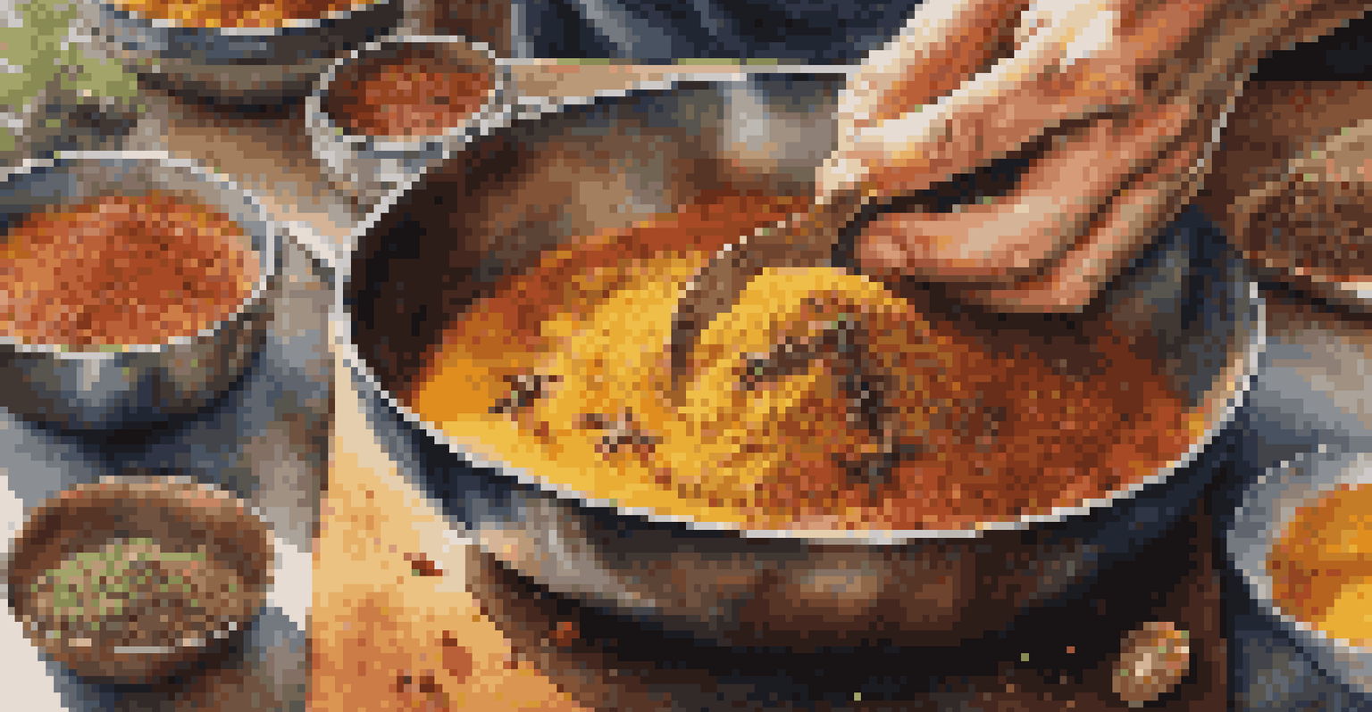 Close-up of hands sprinkling spices over a vibrant curry dish, with a rustic kitchen setting in the background.