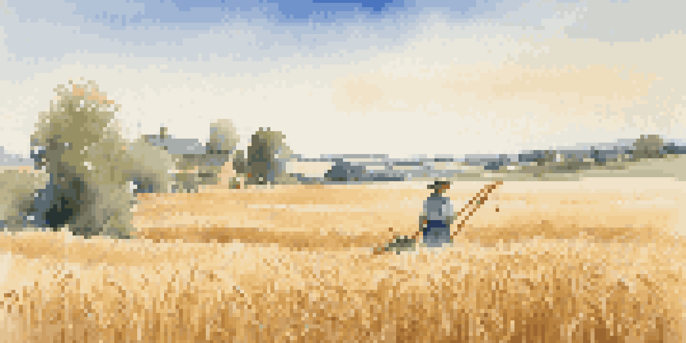 A farmer harvesting wheat in a golden field with wildflowers under a blue sky.