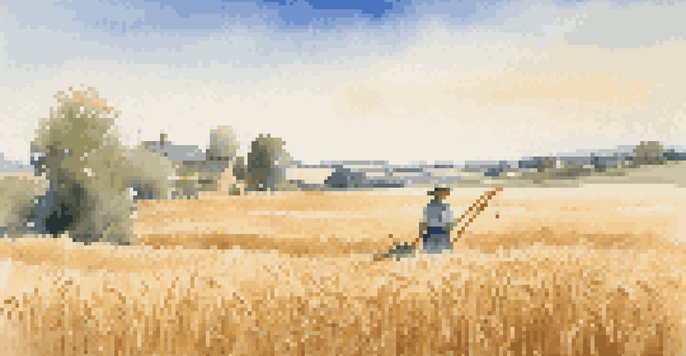 A farmer harvesting wheat in a golden field with wildflowers under a blue sky.