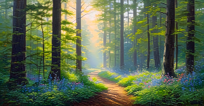 A peaceful forest at dawn with sunlight filtering through the trees and colorful wildflowers on the ground.