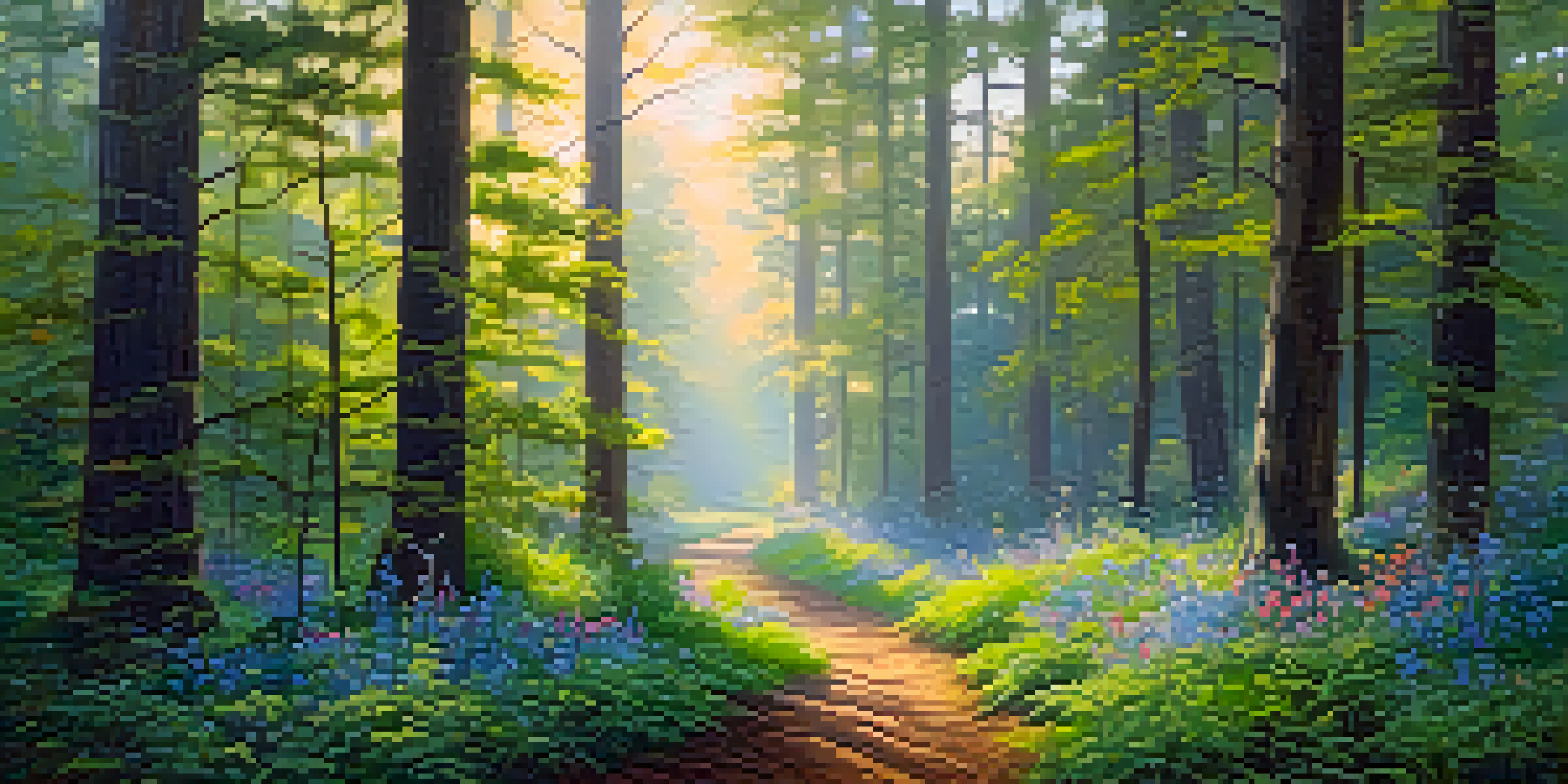 A peaceful forest at dawn with sunlight filtering through the trees and colorful wildflowers on the ground.