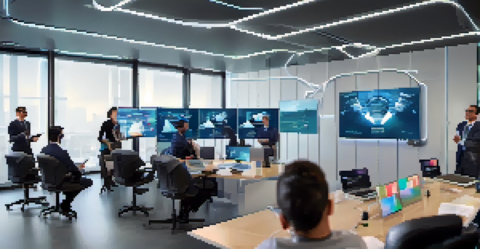 Employees participating in a VR training session in a modern office setting with interactive displays.