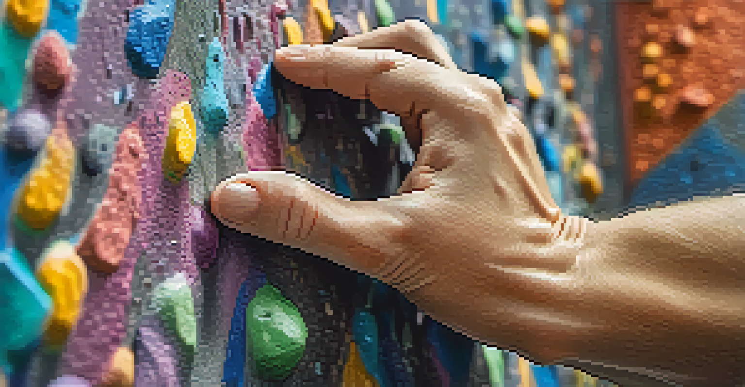 A climber's hands gripping a textured hold on a colorful climbing wall, showcasing the details of climbing.