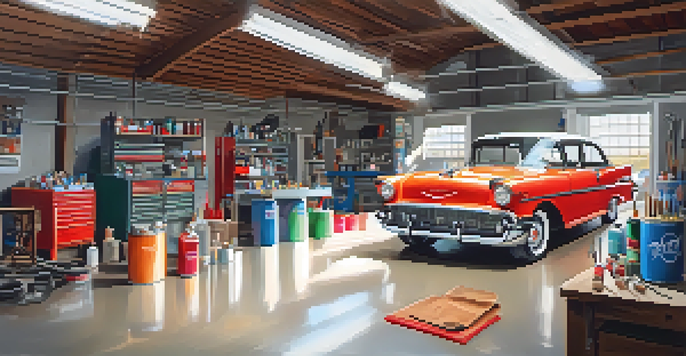 A clean and organized garage with a classic car painting setup, including a spray booth and colorful paint cans under natural light.
