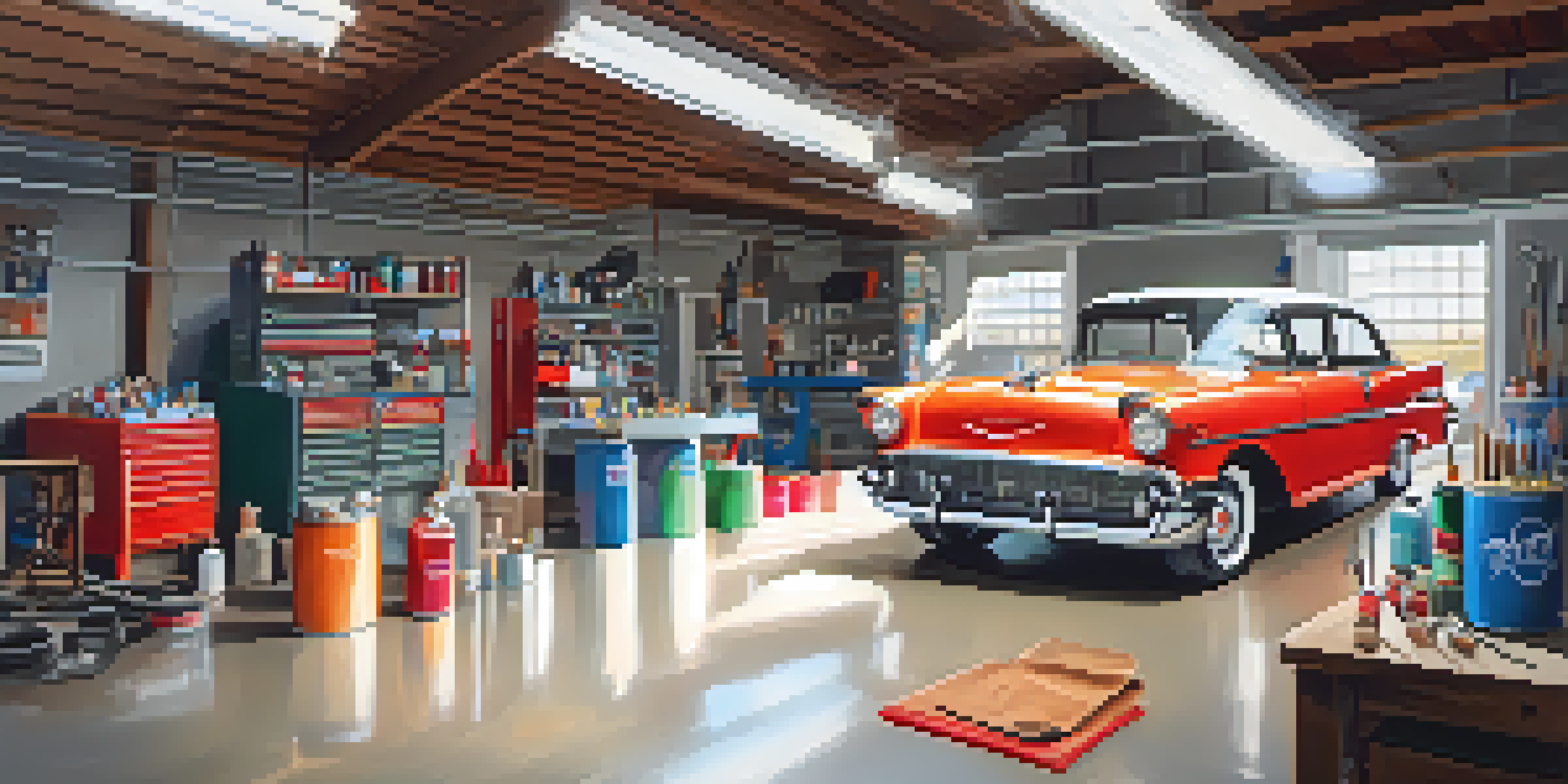 A clean and organized garage with a classic car painting setup, including a spray booth and colorful paint cans under natural light.