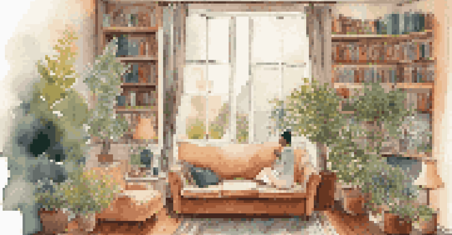 A person enjoying a cup of tea while sitting on a sofa in a sunlit room filled with plants.