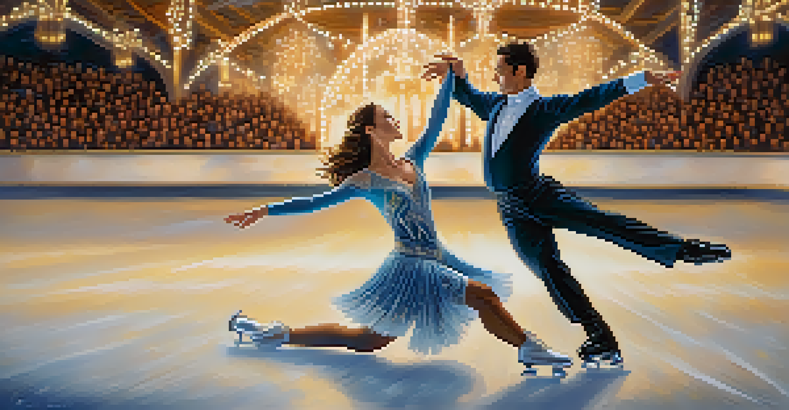 Two ice dancers performing a lift on an illuminated ice rink, showcasing their grace and synchronization.