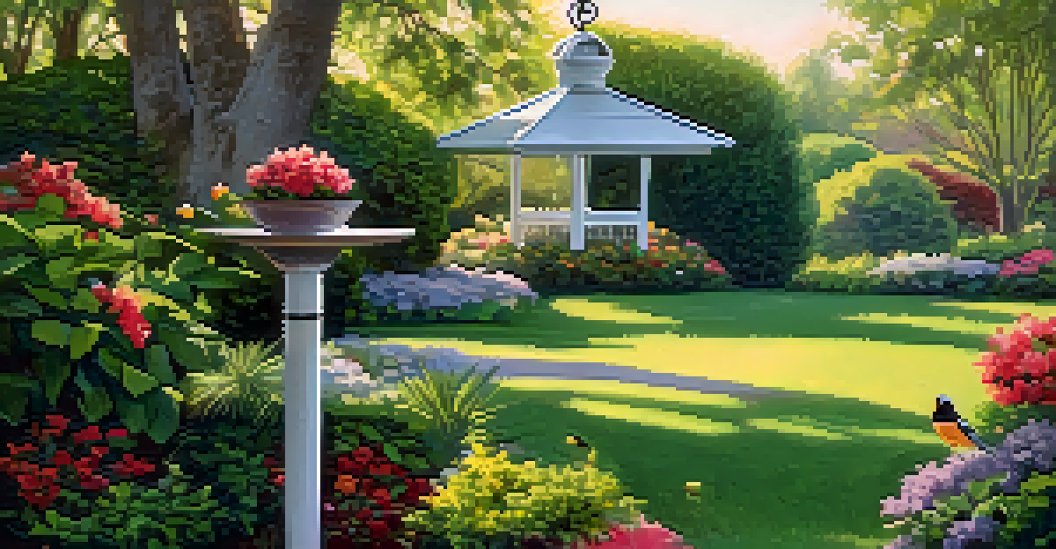 A serene backyard with a bird feeder and blooming flowers, attracting various birds.