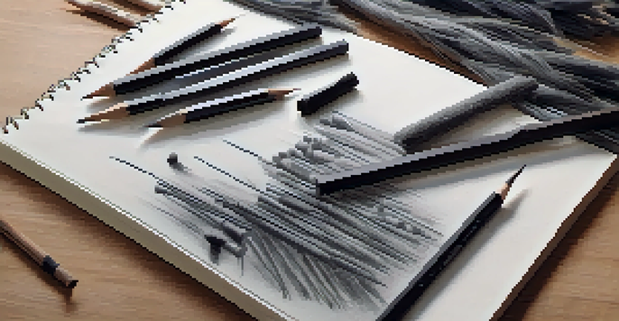An artist's table featuring different types of charcoal tools including compressed charcoal sticks, vine charcoal, and charcoal pencils, with a textured sketchbook and a charcoal drawing in soft natural light.