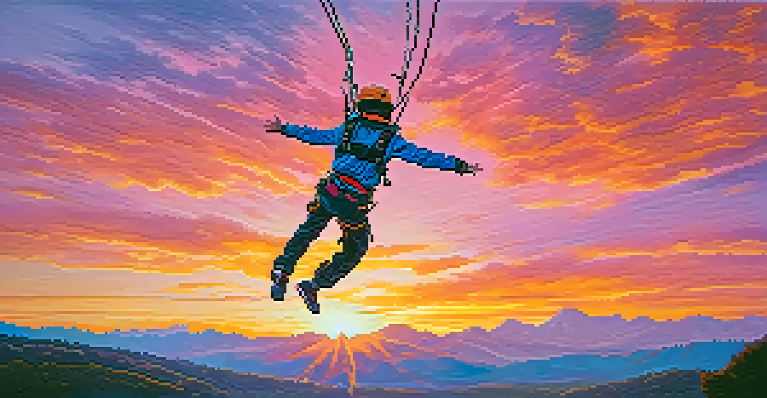 A silhouette of a bungee jumper freefalling against a colorful sunset sky, with the bungee cord stretching below.