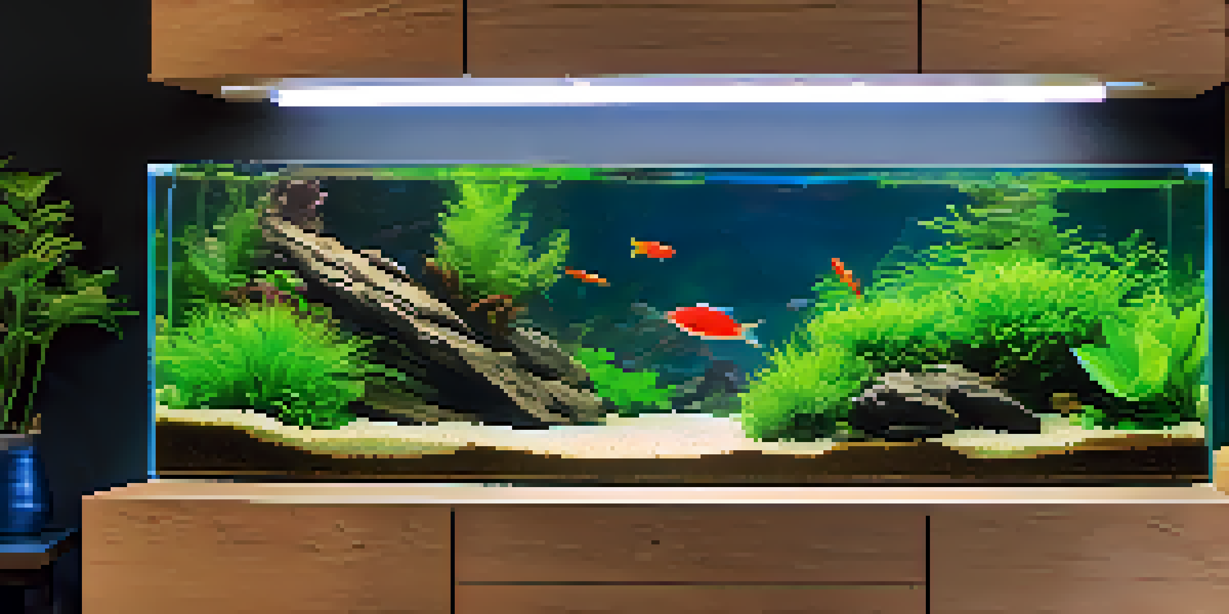 An aquascaped aquarium filled with green plants and colorful fish, illuminated by soft LED lighting, showcasing a serene underwater environment.