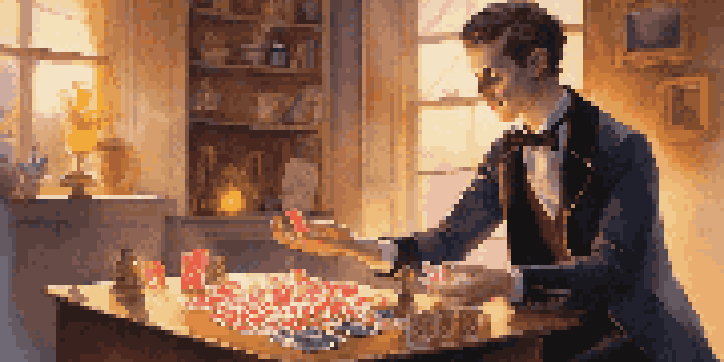 A young magician practicing a card trick in a cozy room with colorful props, illuminated by soft golden light.