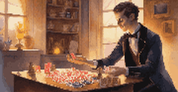 A young magician practicing a card trick in a cozy room with colorful props, illuminated by soft golden light.