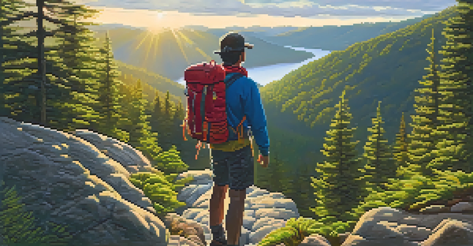 A backpacker at a scenic overlook, looking down at a winding trail in a forested valley with sunlight filtering through trees.