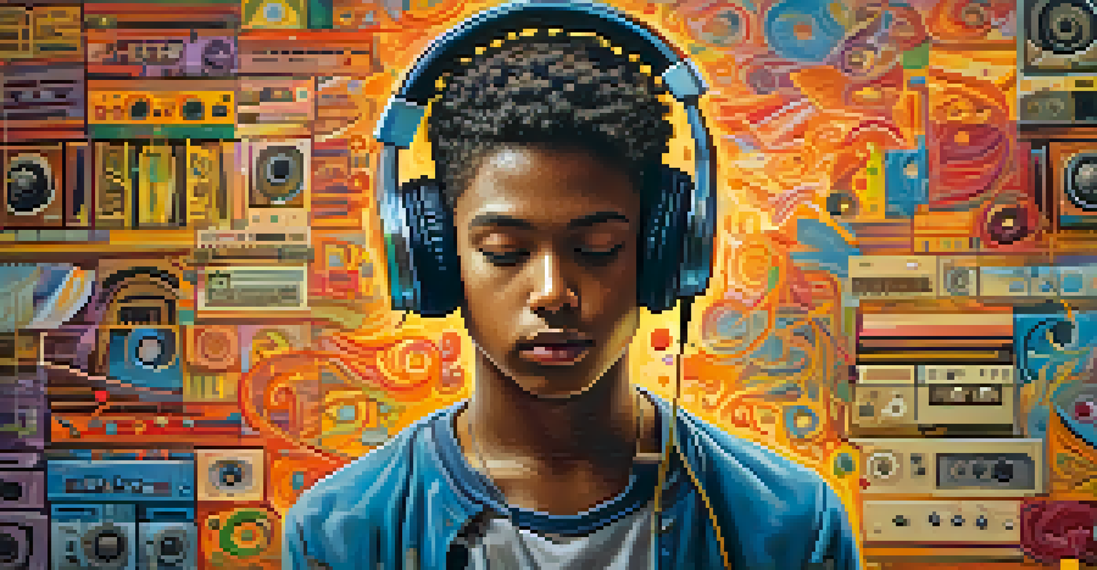 A young person with headphones, surrounded by a collage of musical notes and cultural symbols, symbolizing the blending of musical genres.