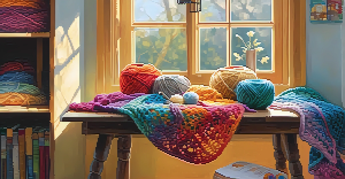 A bright and inviting crafting space with a wooden table, colorful yarn, a crochet hook, and an unfinished crochet project illuminated by natural light.