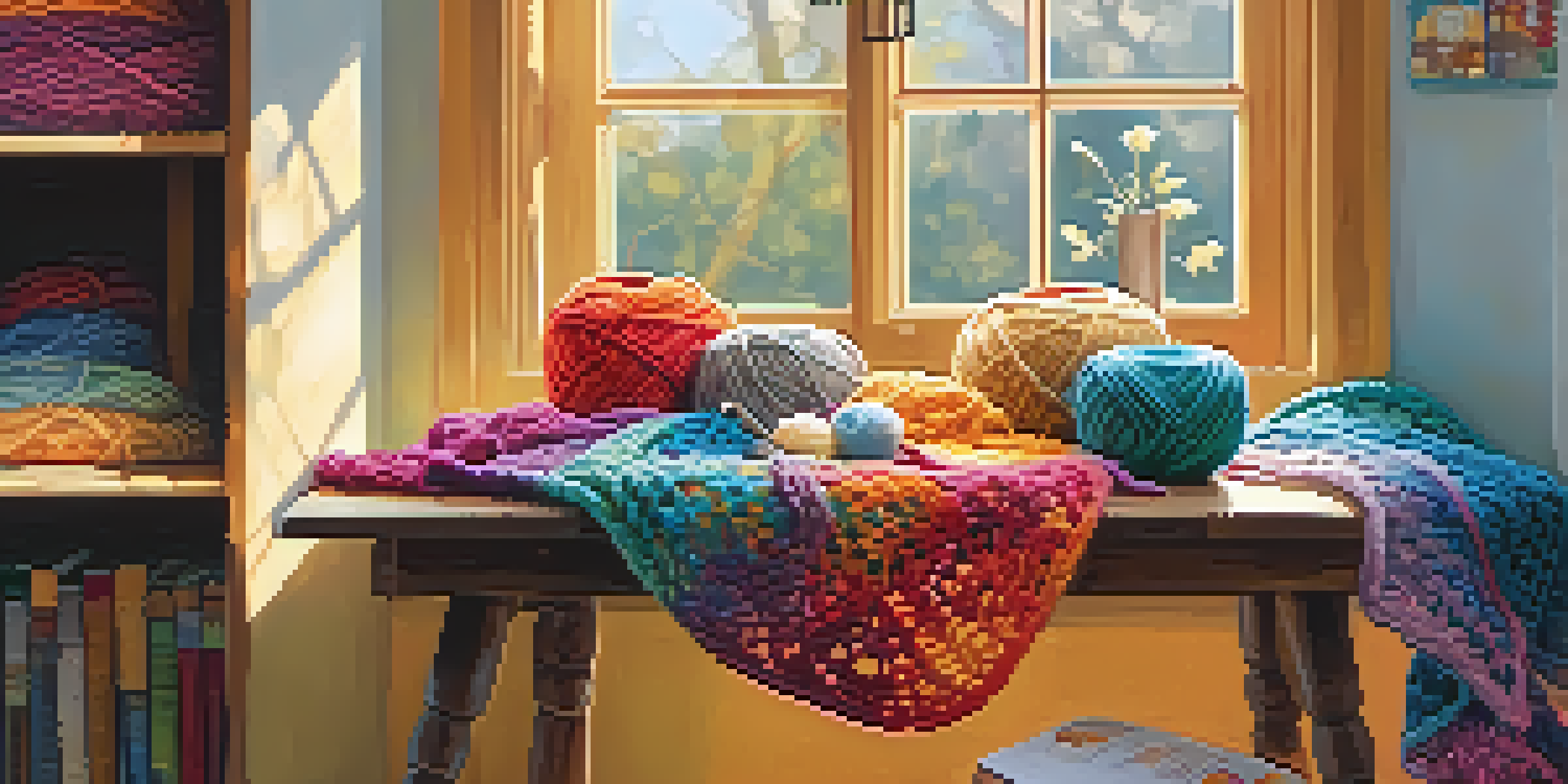 A bright and inviting crafting space with a wooden table, colorful yarn, a crochet hook, and an unfinished crochet project illuminated by natural light.