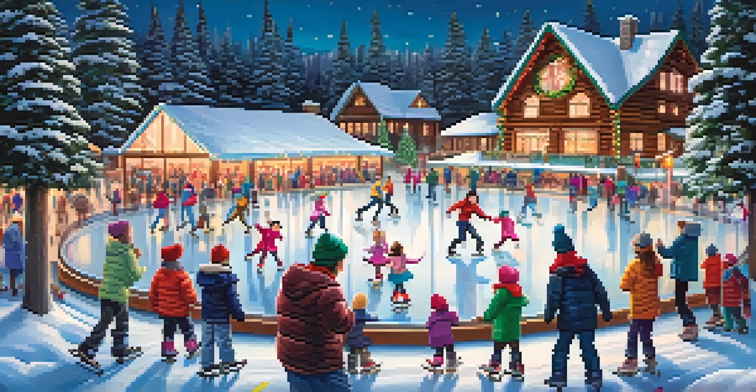 A lively outdoor ice skating rink in a Canadian park, filled with families and children enjoying the winter.