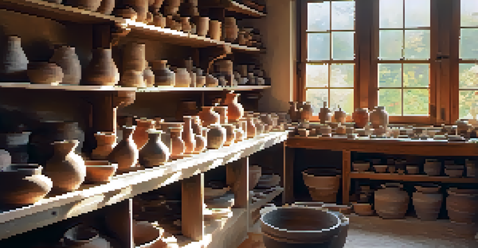 A pottery studio filled with clay pieces and tools, illuminated by natural light.