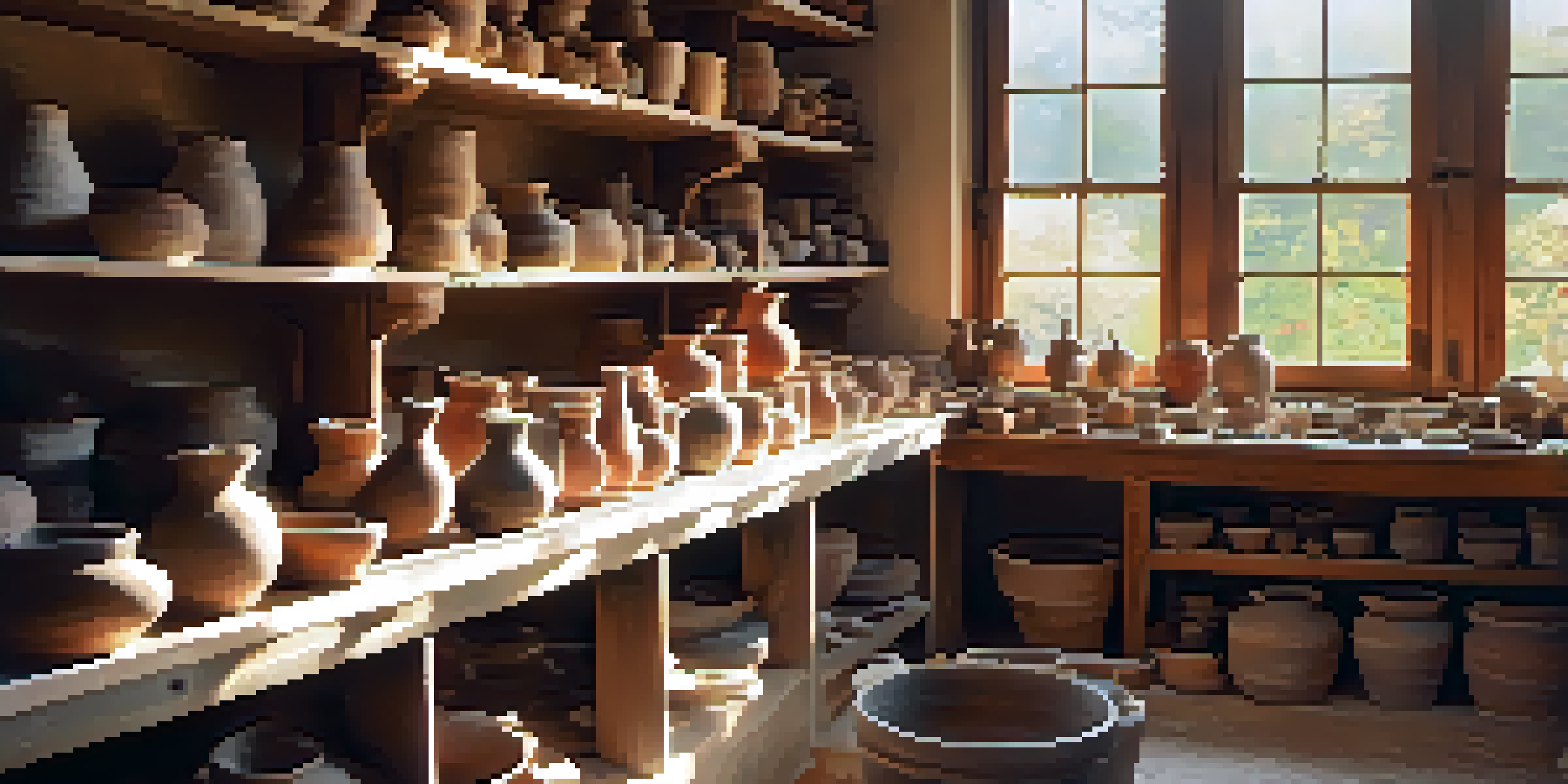 A pottery studio filled with clay pieces and tools, illuminated by natural light.