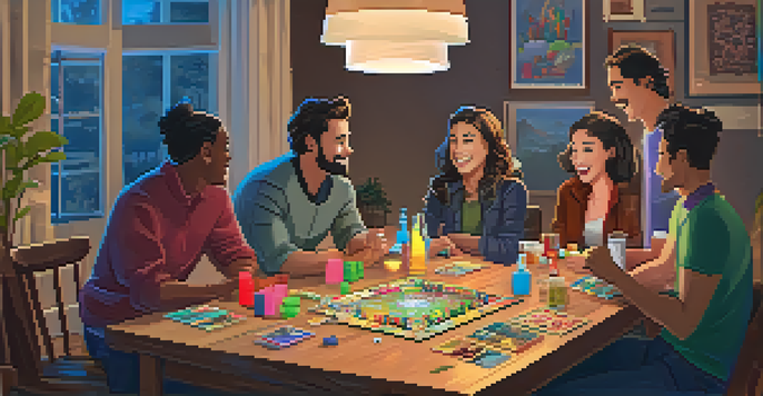 A diverse group of friends enjoying a cooperative board game night in a cozy living room, with snacks and drinks on a wooden table.