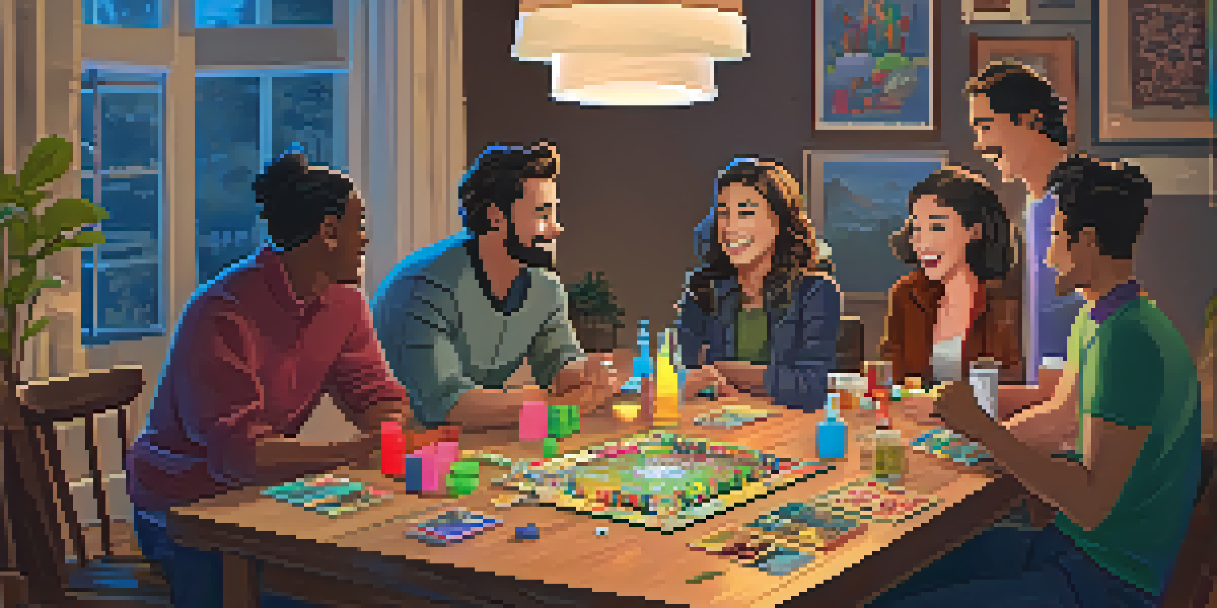 A diverse group of friends enjoying a cooperative board game night in a cozy living room, with snacks and drinks on a wooden table.