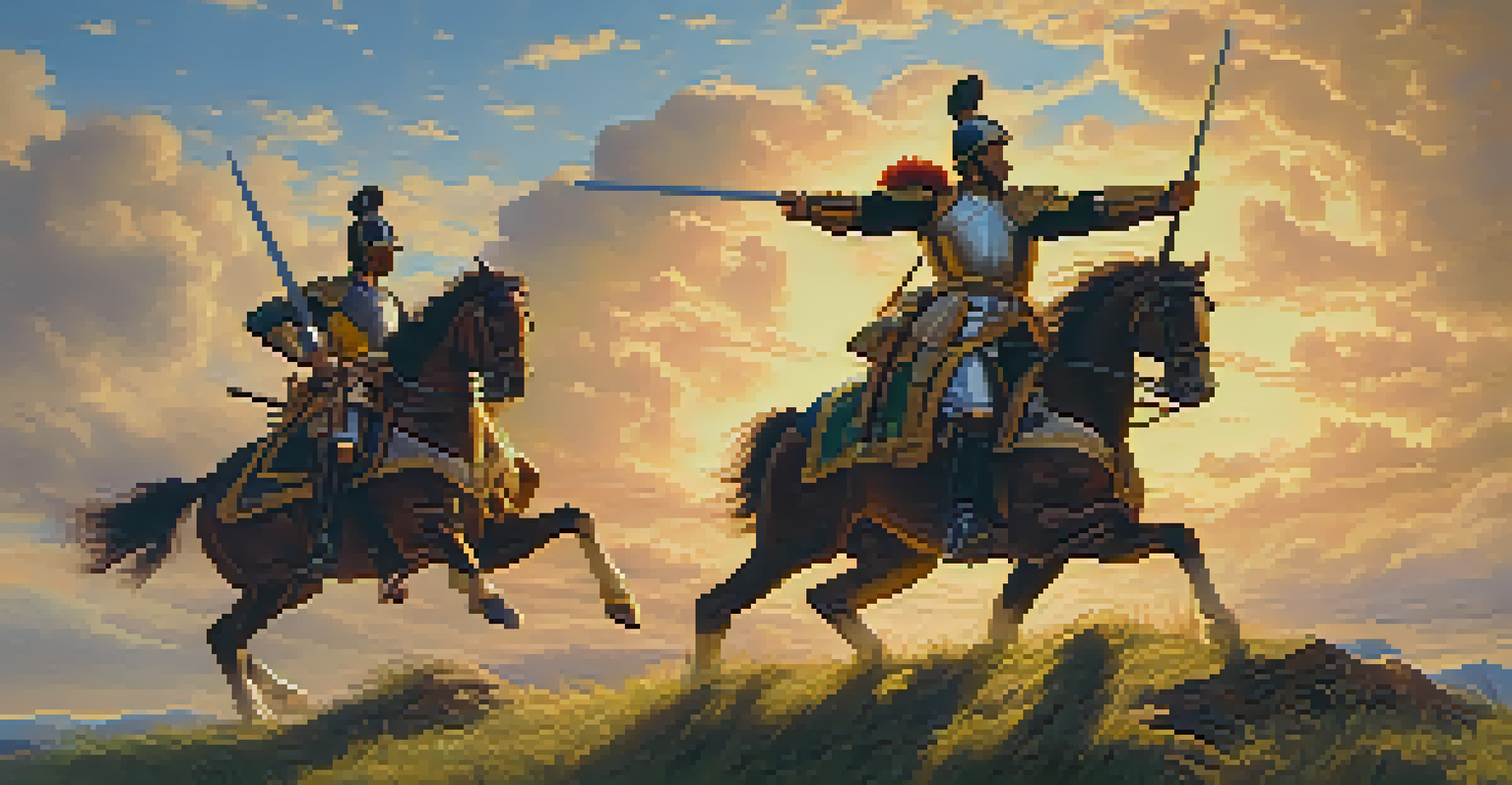 A historical battle scene with soldiers in armor clashing on a grassy battlefield under a dramatic sunset.