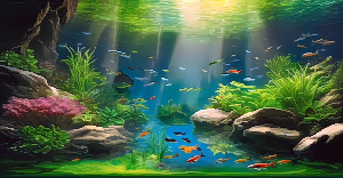A lively underwater landscape in spring with vibrant green plants and small fish swimming among them.