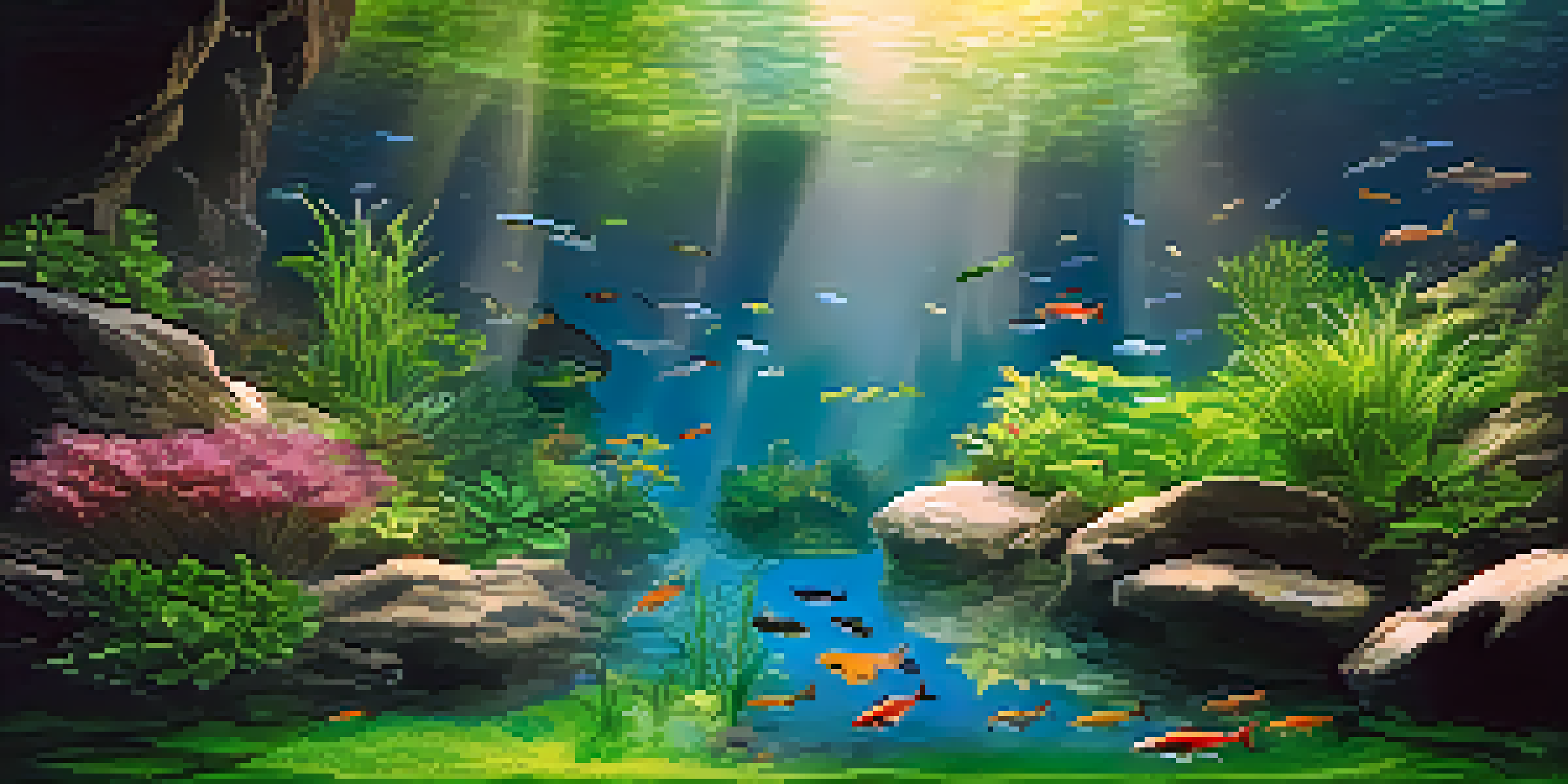 A lively underwater landscape in spring with vibrant green plants and small fish swimming among them.