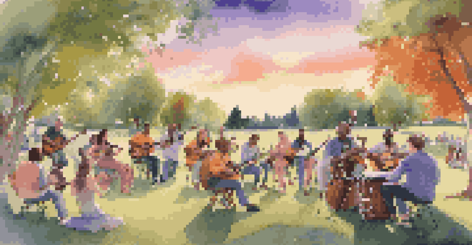 Musicians enjoying an outdoor jam session in a park during sunset, with vibrant colors in the sky.