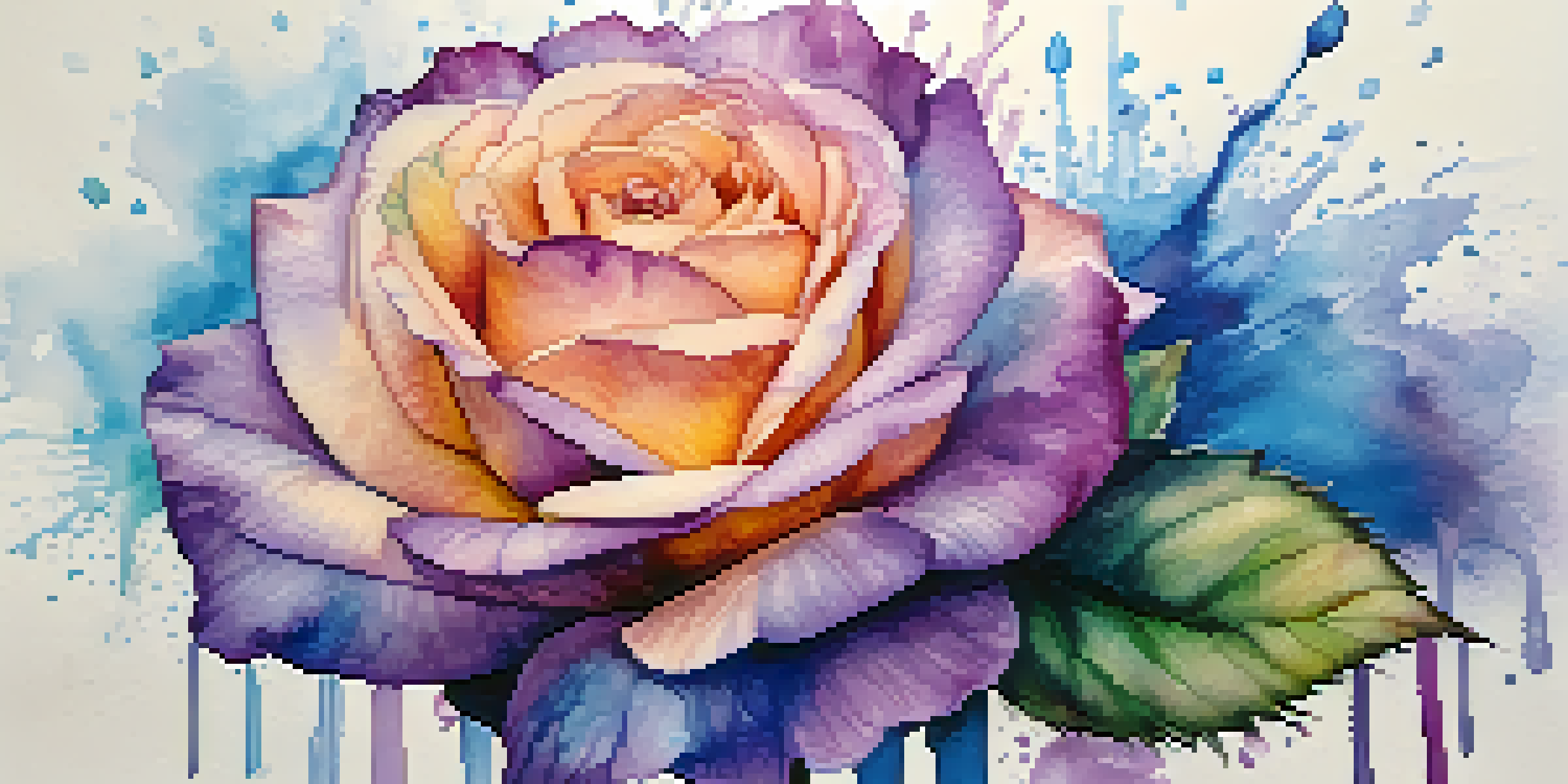 A colorful watercolor tattoo of a blooming rose on a person's forearm, with blue and purple splashes around it.