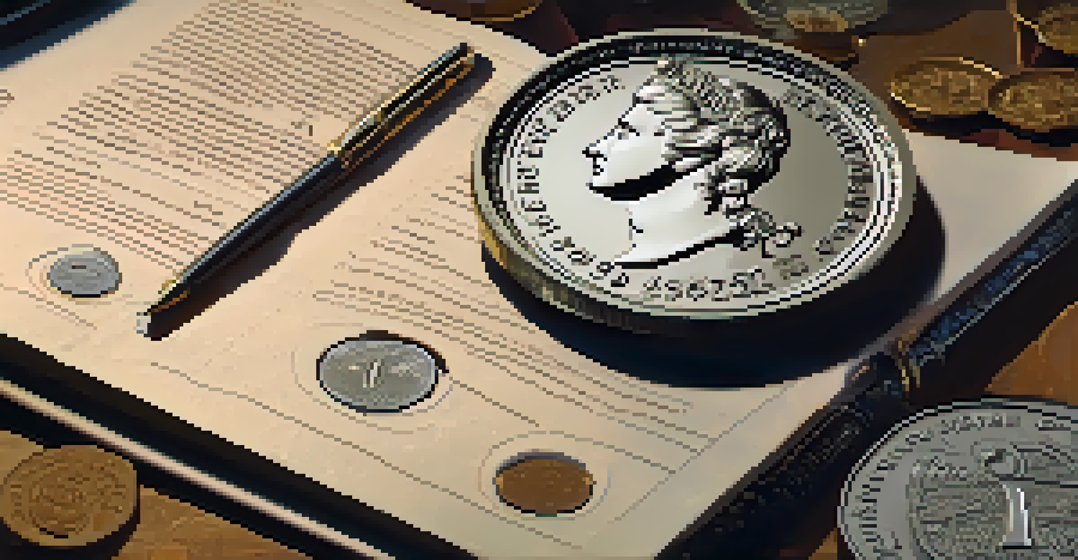 A close-up view of a rare coin under a magnifying glass, with a notebook and pen in the background.