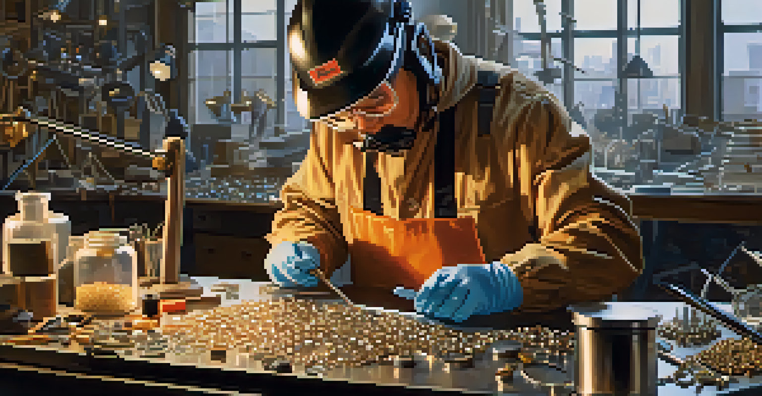 A jewelry maker wearing protective gear, focused on working with sharp metal pieces in a clean workspace.