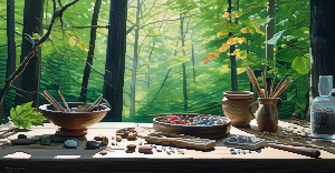 A collection of natural crafting materials on a wooden table in a forest, with twigs, colorful leaves, and stones, illuminated by dappled sunlight.