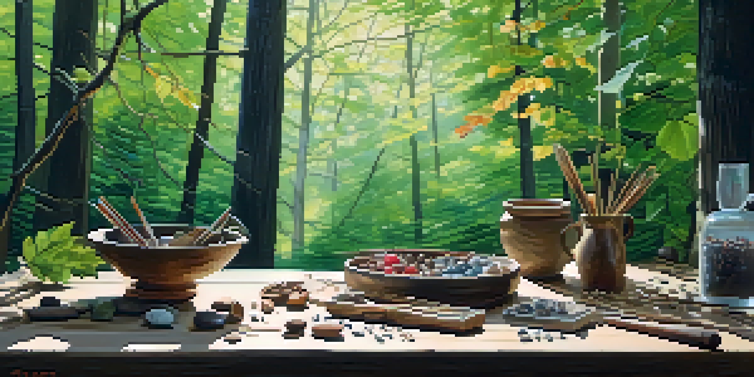 A collection of natural crafting materials on a wooden table in a forest, with twigs, colorful leaves, and stones, illuminated by dappled sunlight.